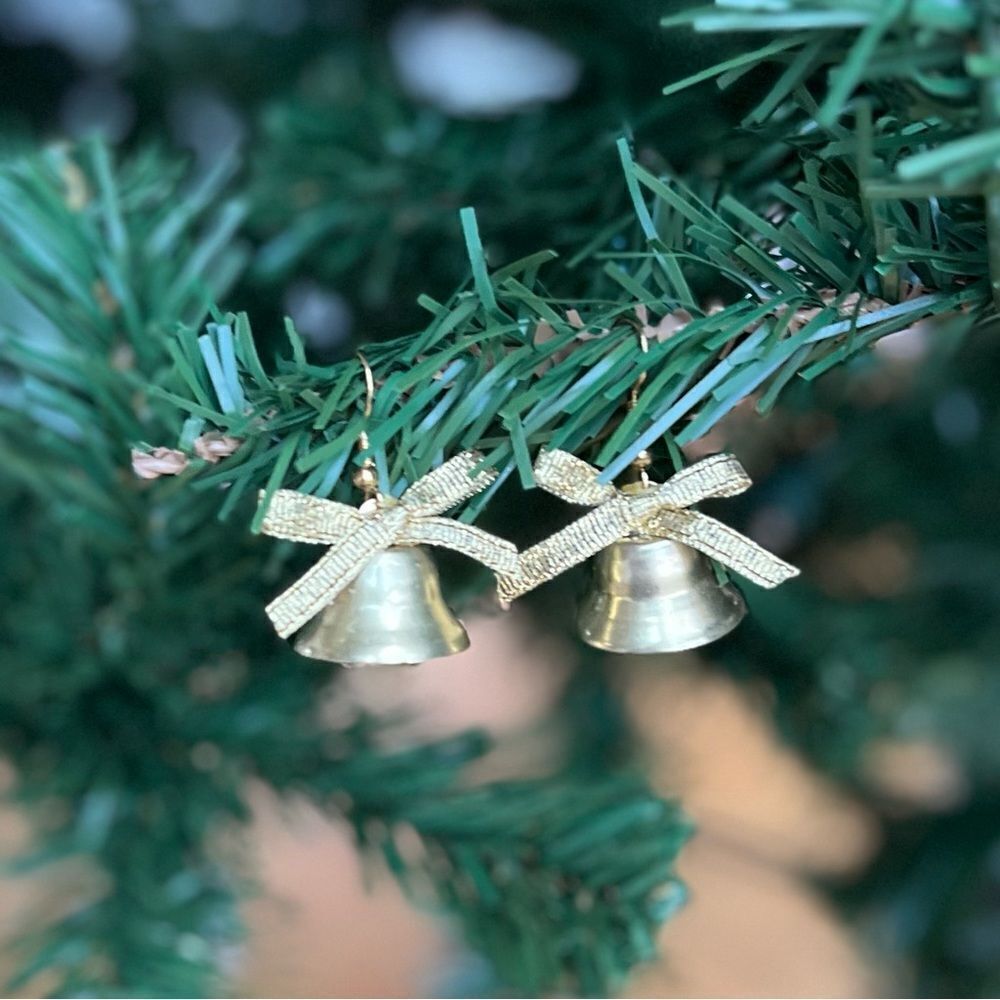 Christmas Holiday Jingle Bell Earrings with Bow - Picture 2 of 3
